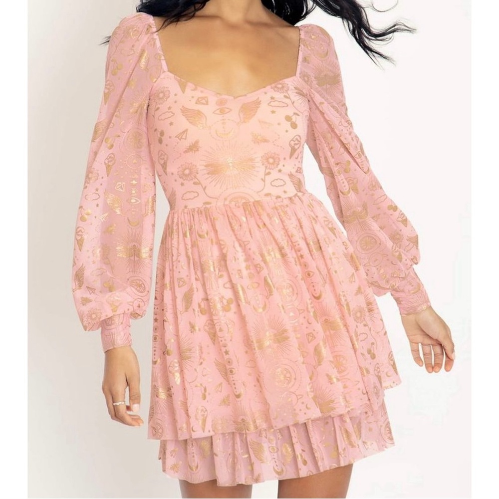 Blackmilk Sacred Happiness Rare Sweet Tier Long Sleeve Dress Pink & Gold L